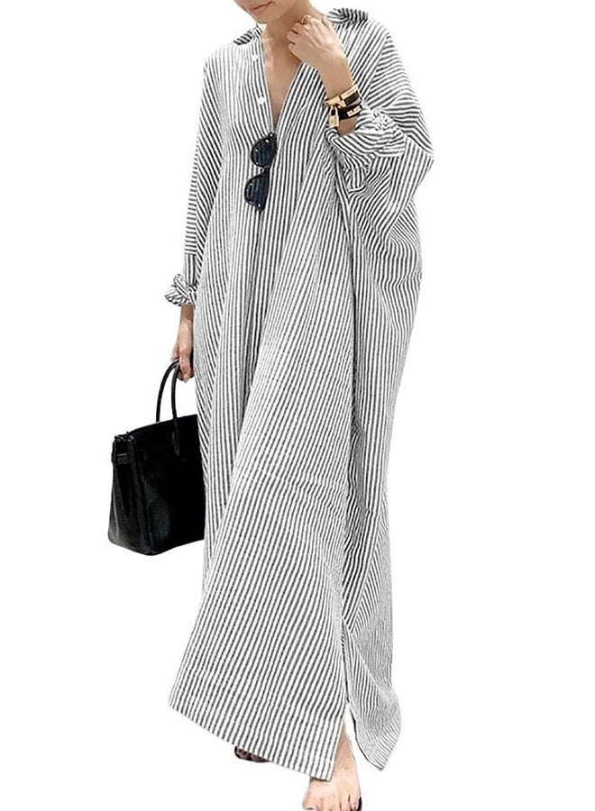 utcoco Womens Striped Long Sleeve Dress Casual Loose Button Down Cotton Maxi Shirt Dress (XXX-Large, Grey) - Image 1
